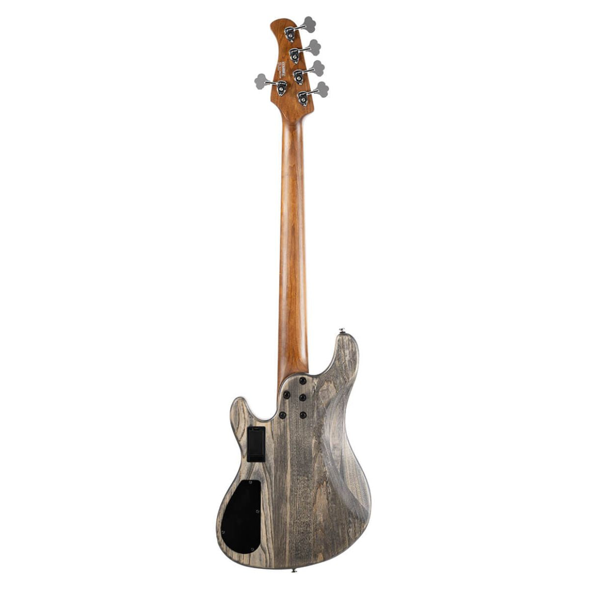 Rear view of Cort GB Modern 5 String Electric Bass Guitar Open Pore Charcoal Gray on white background