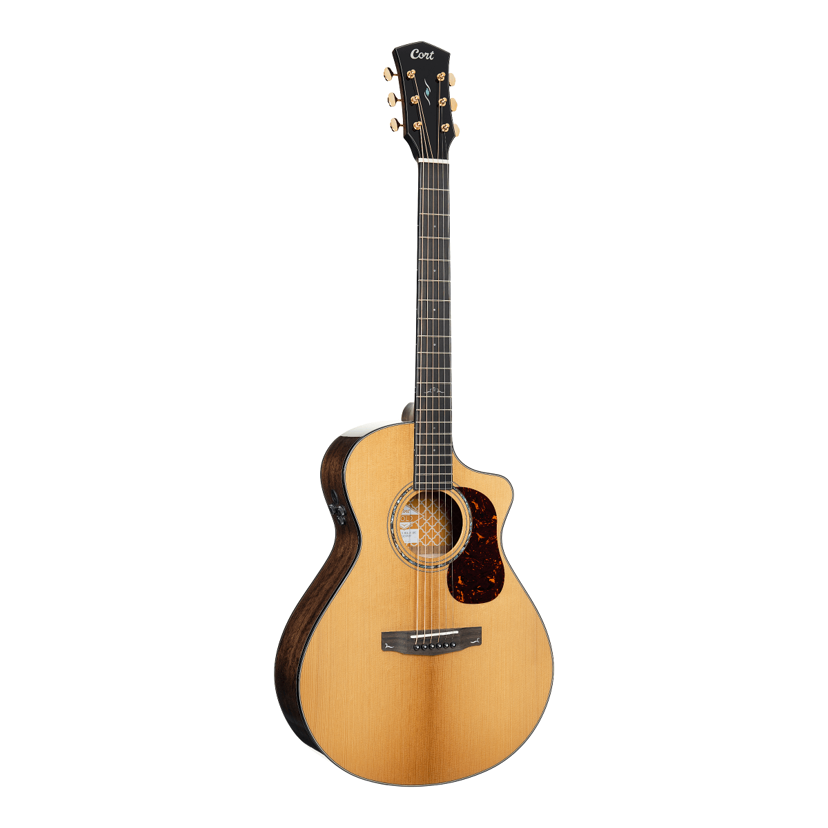 Front view of Cort Gold-MC6 Ovangkol Acoustic Electric Guitar (Natural Gloss) on white background