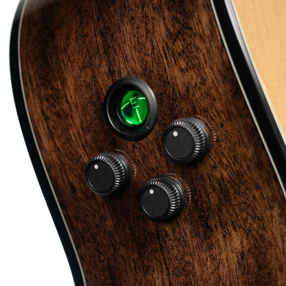 Close up view of Cort Gold-MC6 Ovangkol Acoustic Electric Guitar (Natural Gloss) on white background