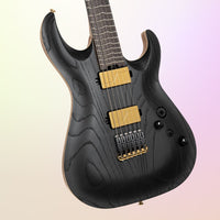 Close up front view of Cort KX700TT-G Limited Edition Electric Guitar on yellow and pink gradient background