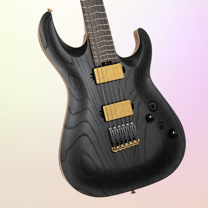 Close up front view of Cort KX700TT-G Limited Edition Electric Guitar on yellow and pink gradient background