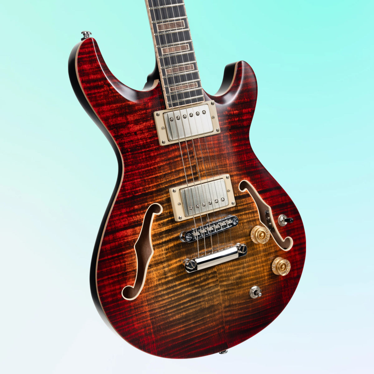 Close up angled view of Cort M900 Electric Guitar on blue background