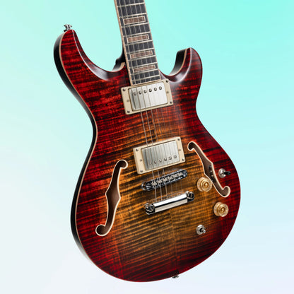 Close up angled view of Cort M900 Electric Guitar on blue background
