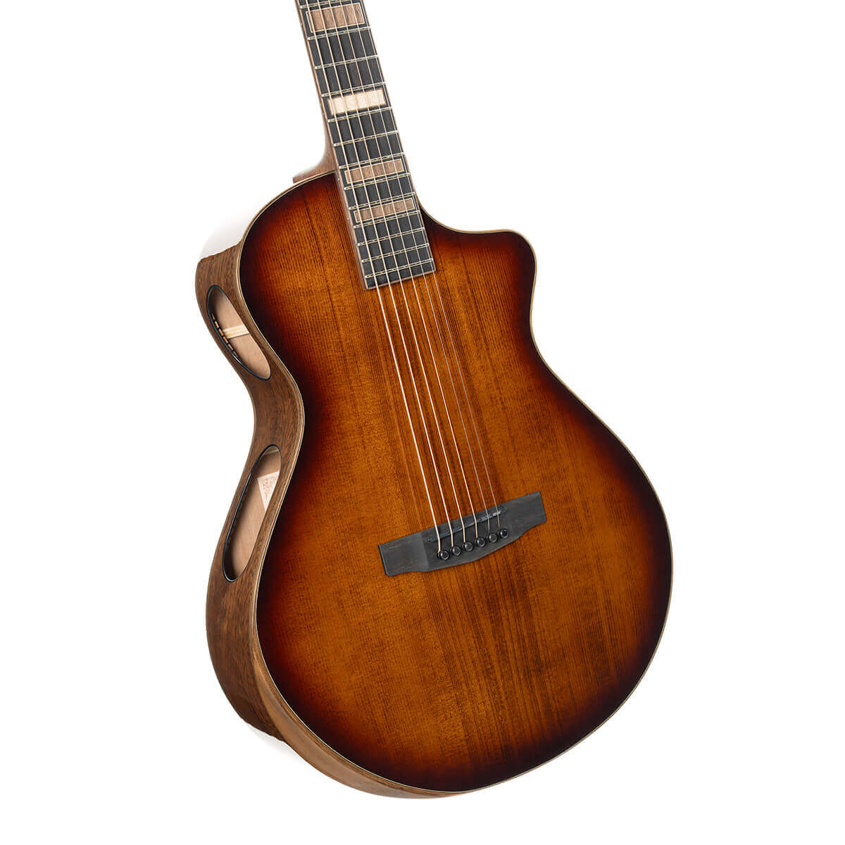 Close up view of Cort Modern Black Acoustic Electric Guitar Modern Burst on white background