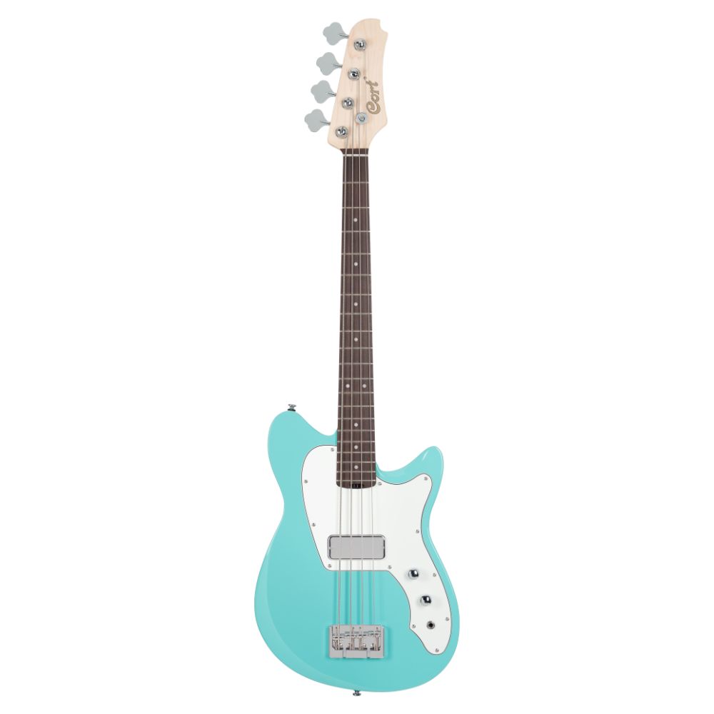 Front view of Cort Retro 304 Short Scale Electric Bass Guitar Seafoam Green on white background