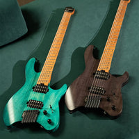 Front view of side by side Cort Space G6MS Electric Guitar Semi Gloss Turquoise and Semi Gloss Trans Black on green couch