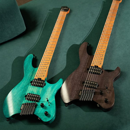 Front view of side by side Cort Space G6MS Electric Guitar Semi Gloss Turquoise and Semi Gloss Trans Black on green couch