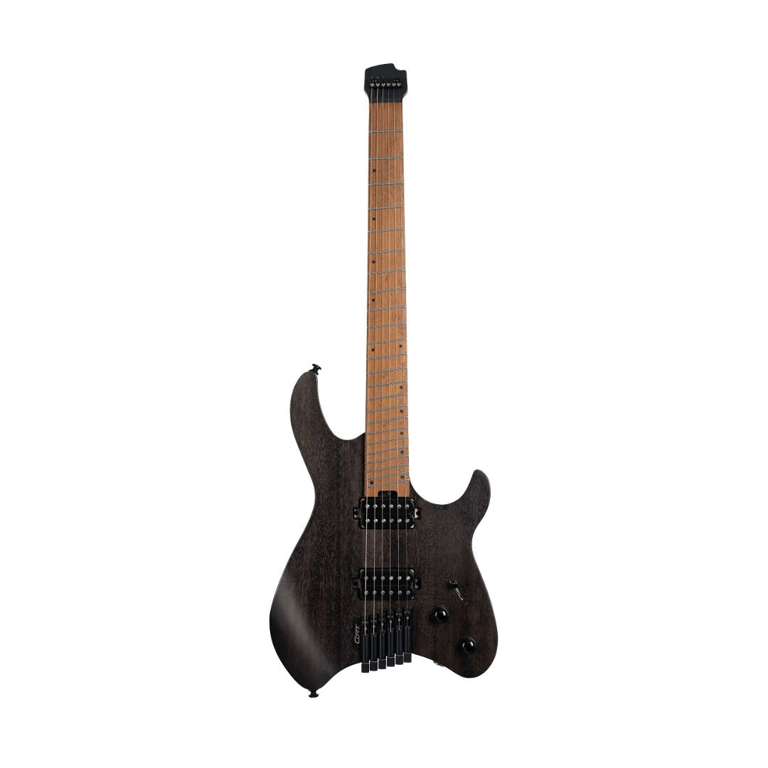 Front view of Cort Space G6MS Electric Guitar Semi Gloss Trans Black on white background