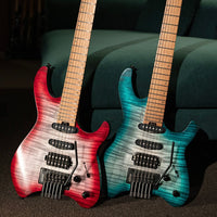 Close up view of Cort Space G6TR Electric Guitar Semi Gloss Lava and Semi Gloss Lagoon leaning on green couch in studio
