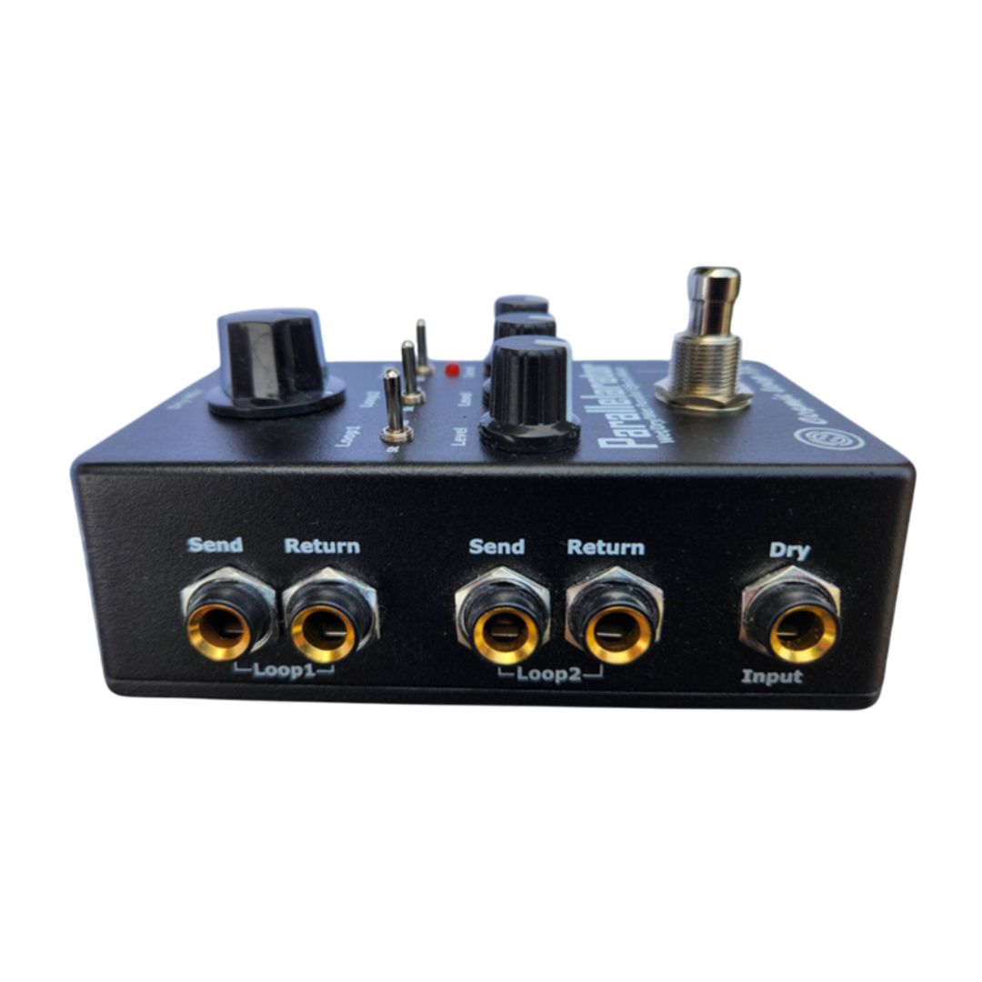 Audio effects pedal with multiple connectors on a white background