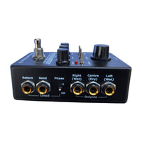 Audio mixer device with various connectors and labels on a white background