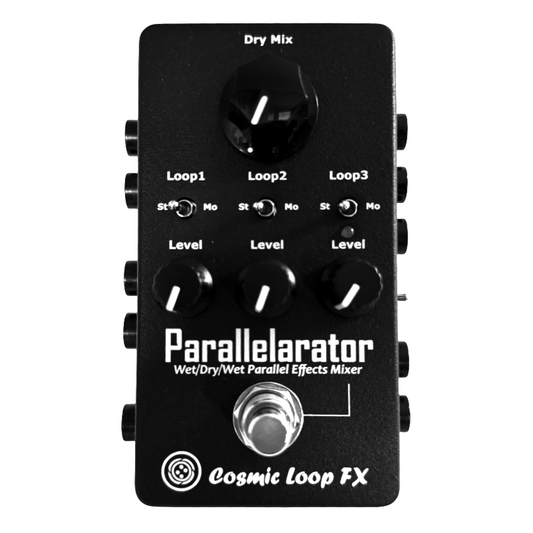Front view of the Parallelarator Pedal on white background with Cosmic Loop FX branding