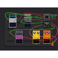 Guitar effects pedalboard with various pedals and routing suggestions on a black background