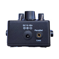 Black audio device with labeled ports on a white background