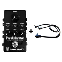 Cosmic Loop FX Parallelator wet/dry parallel effects mixer pedal in black with white text and knobs, shown alongside a black adapter cable and a black plus sign on a white background.