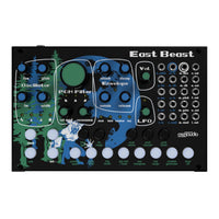 Electronic music synthesizer with 'East Beast' branding on a white background