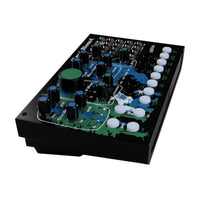 Electronic control panel with various knobs and buttons on a white background