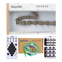 Electronic component kit with NiftyCASE, cables, and audio interface panels on a white background