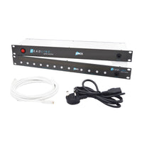 Front panel of DACS Audio HeadLine and cables on white background