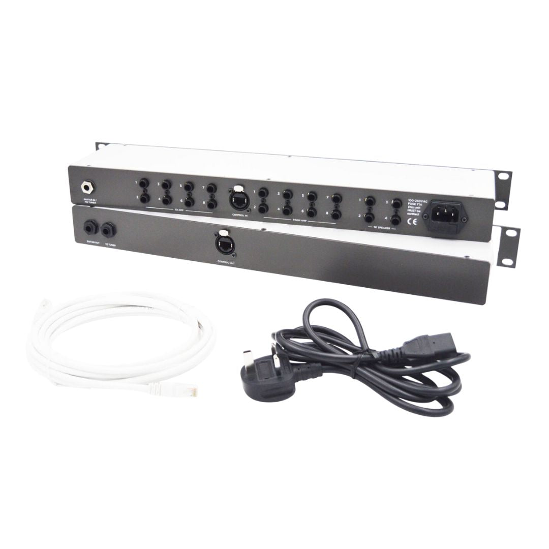Rear panel of DACS Audio HeadLine and cables on white background