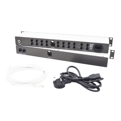 Rear panel of DACS Audio HeadLine and cables on white background