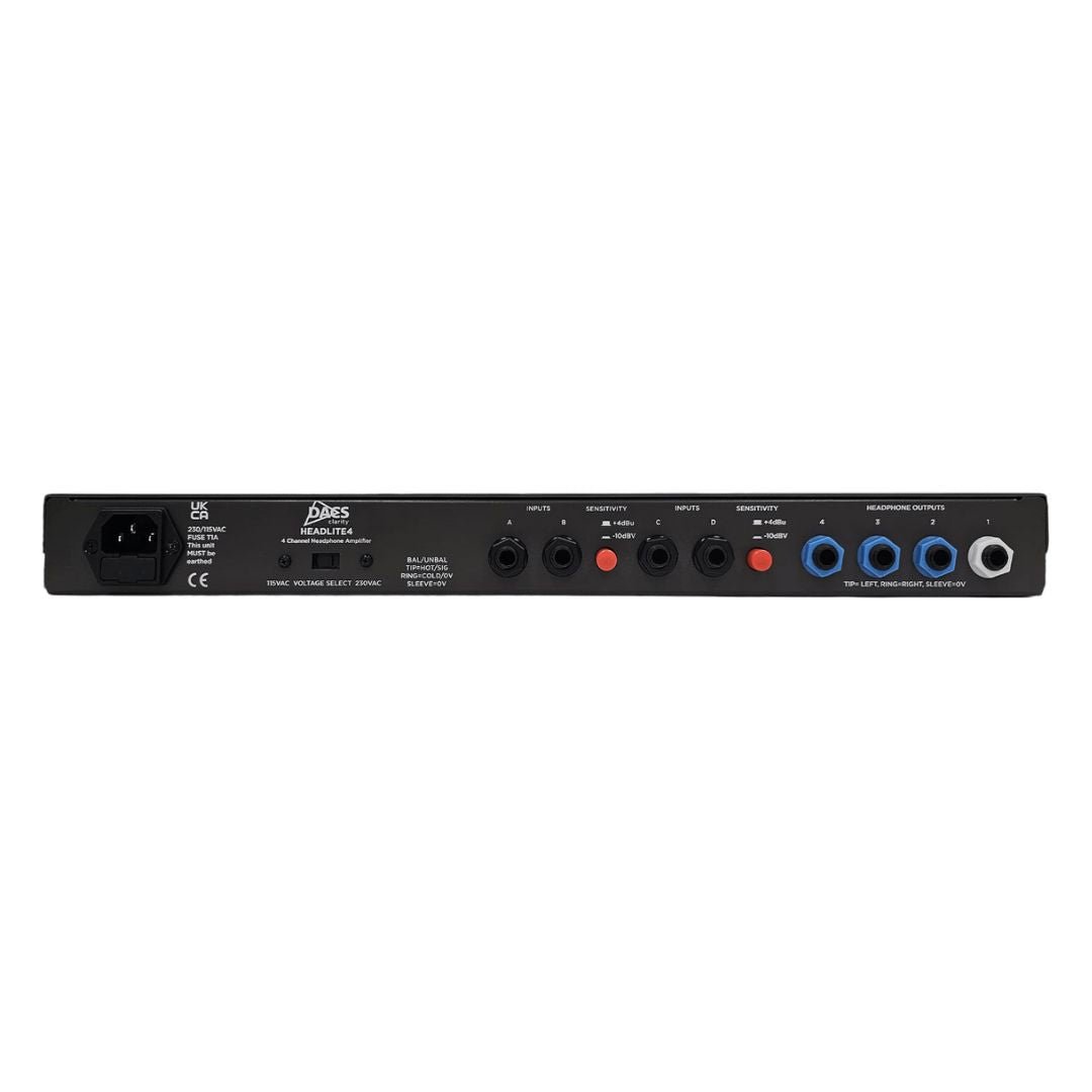 Rear panel of DACS Audio HeadLite 4 on white background