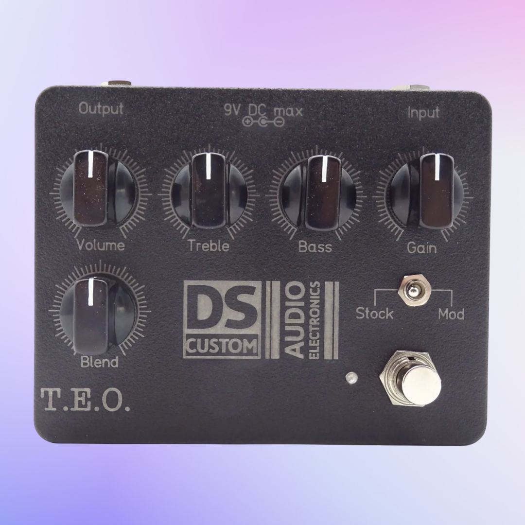 Front view of DS Custom T.E.O. Pedal on purple background