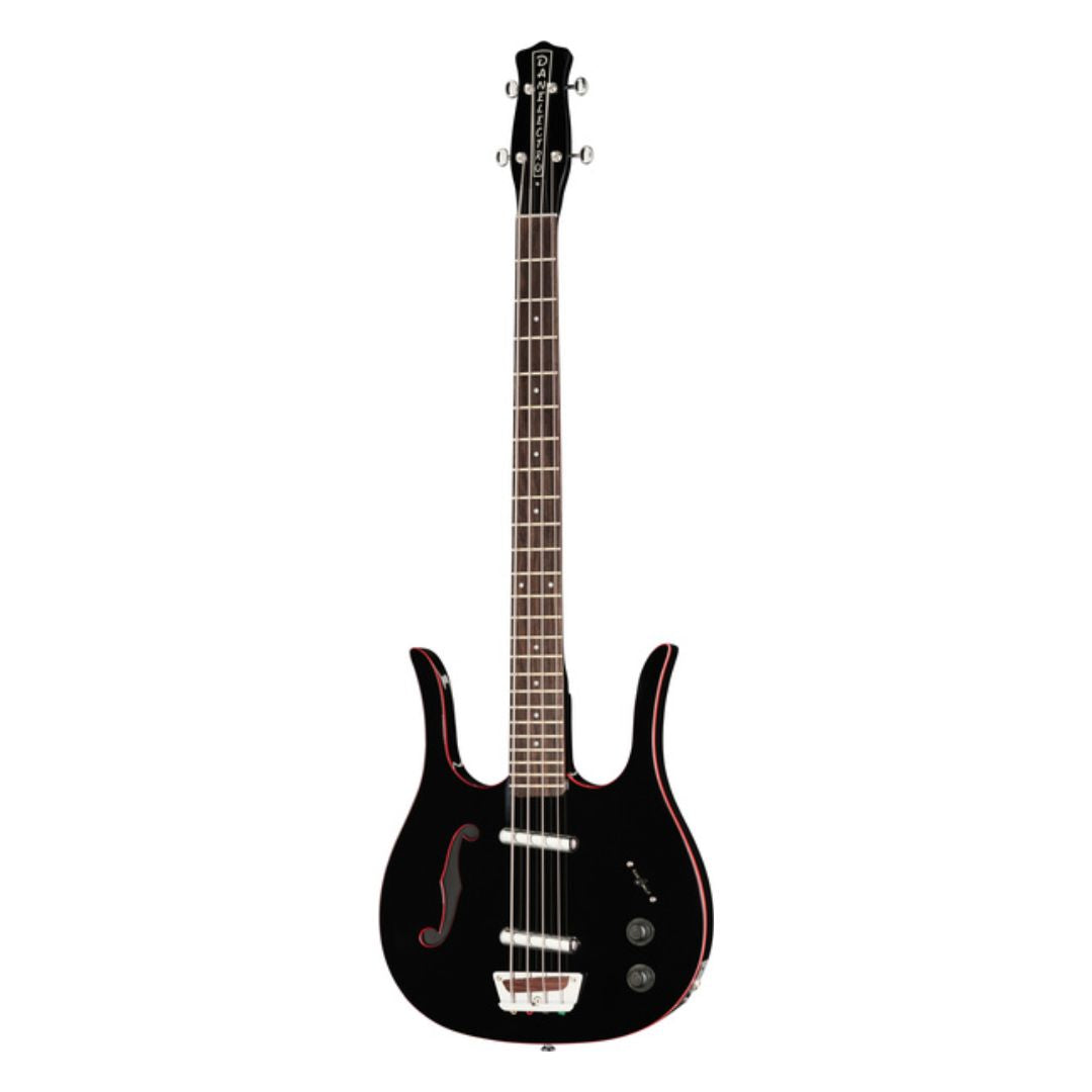 Front view of Danelectro 58 Longhorn Bass Guitar Black with Red Binding on white background