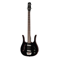 Front view of Danelectro 58 Longhorn Bass Guitar Black with Red Binding on white background