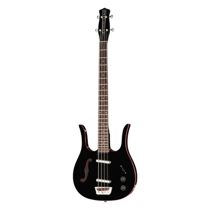 Front view of Danelectro 58 Longhorn Bass Guitar Black with Red Binding on white background