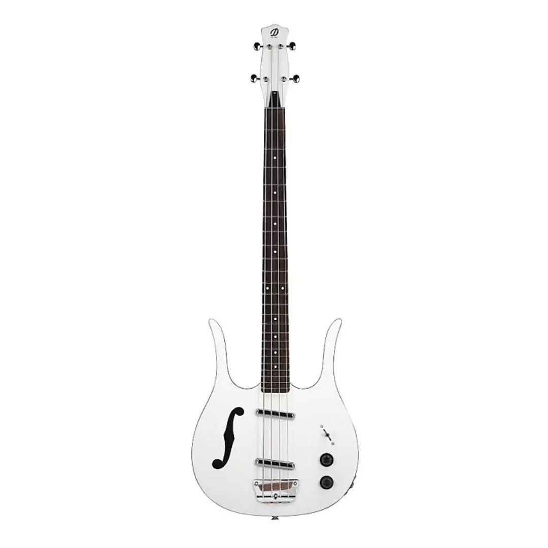 Front view of Danelectro 58 Longhorn Bass Guitar White on white background