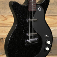 Close up view of Danelectro Blackout '59 Electric Guitar Black Metal Flake with wooden background