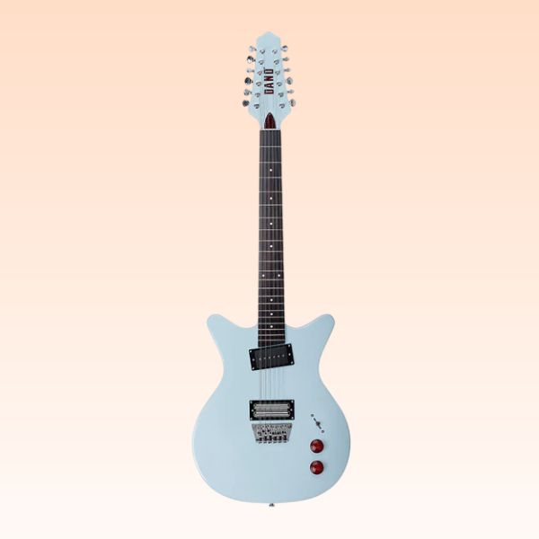 Front view of Danelectro Dan O. Cool 12-String Electric Guitar (Aqua) on orange background