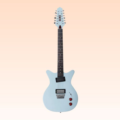 Front view of Danelectro Dan O. Cool 12-String Electric Guitar (Aqua) on orange background
