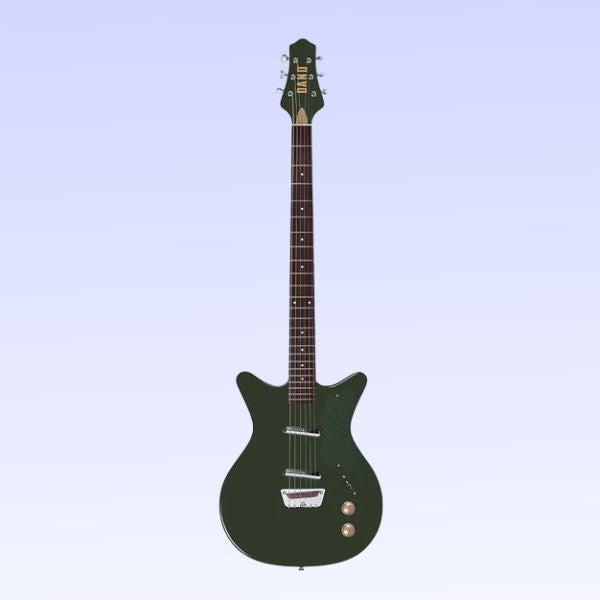 Front view of Danelectro Dan O. Cool Baritone Electric Guitar (Green) on purple background