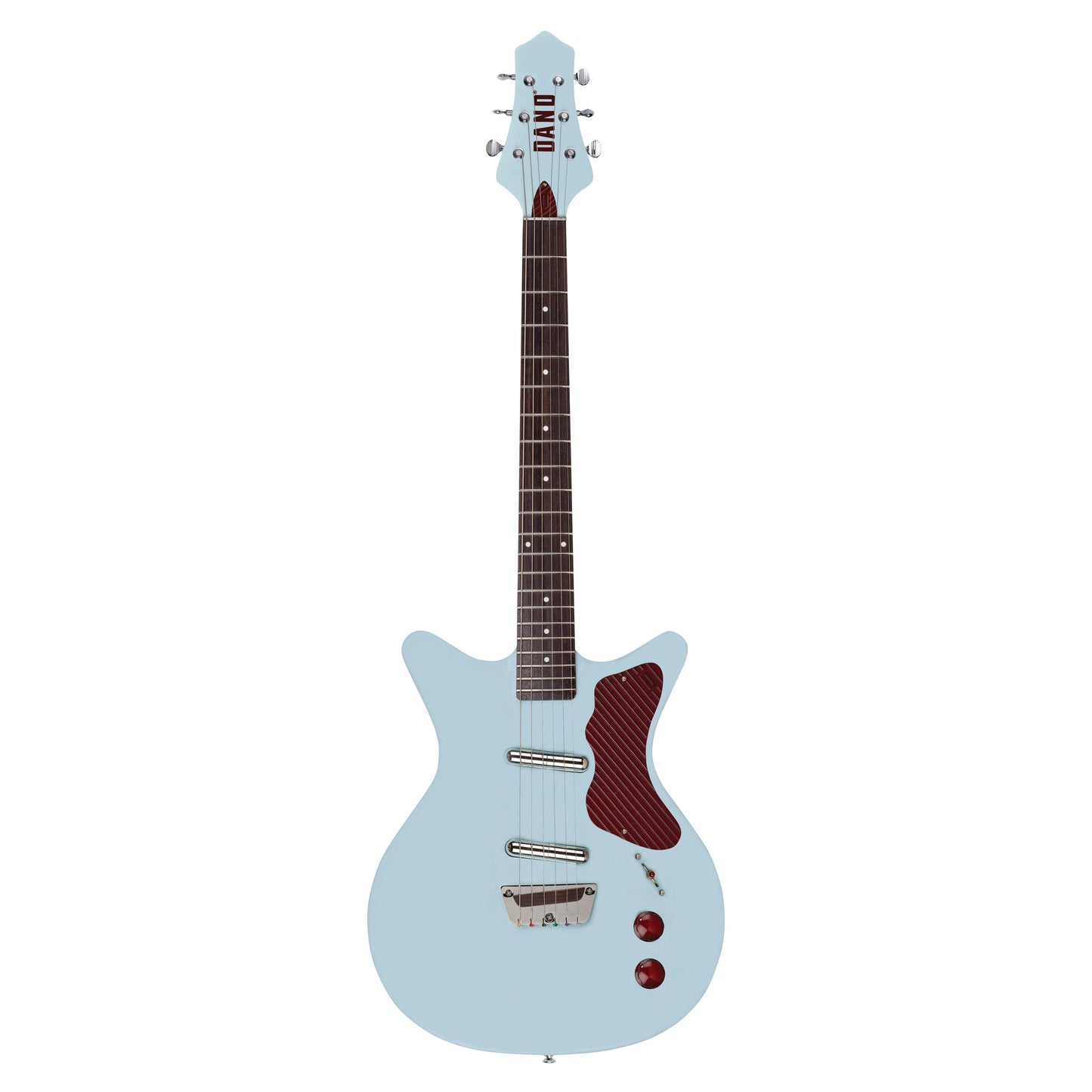 Front view of Danelectro Dan O. Cool Electric Guitar Aqua on white background