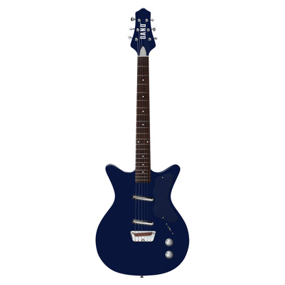 Front view of Danelectro Dan O. Cool Electric Guitar Blue on white background