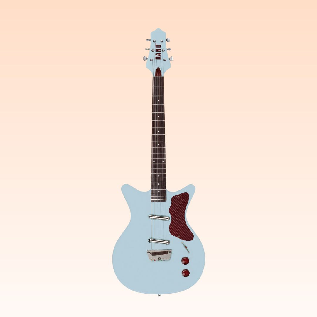 Front view of Danelectro Dan O. Cool Electric Guitar Aqua on orange background