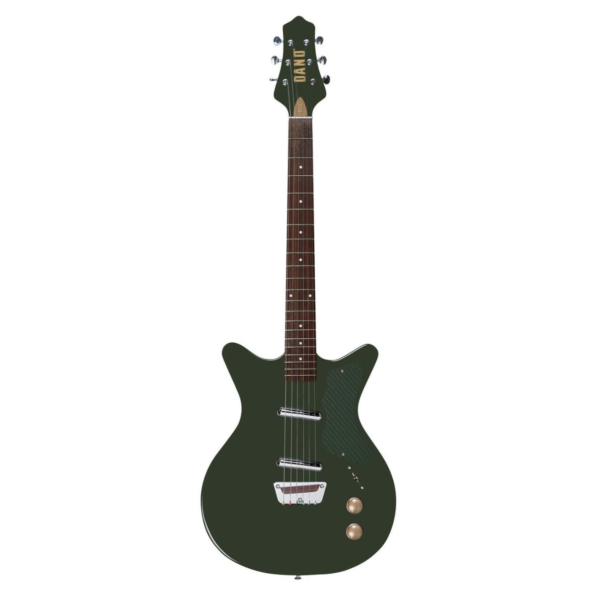 Front view of Danelectro Dan O. Cool Electric Guitar Green on white background