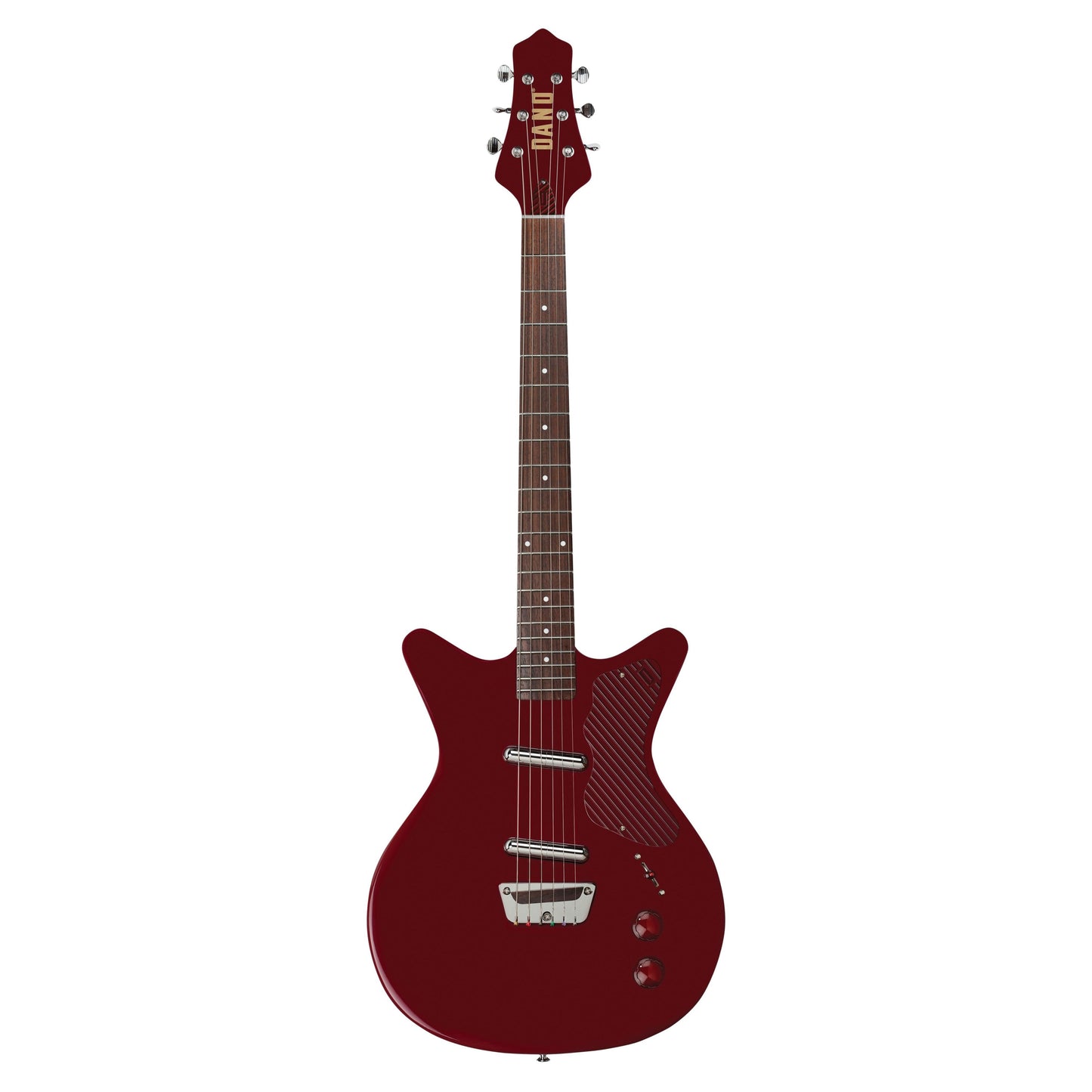 Front view of Danelectro Dan O. Cool Electric Guitar Maroon on white background