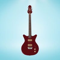 Front view of Danelectro Dan O. Mano Electric Guitar Maroon on blue background