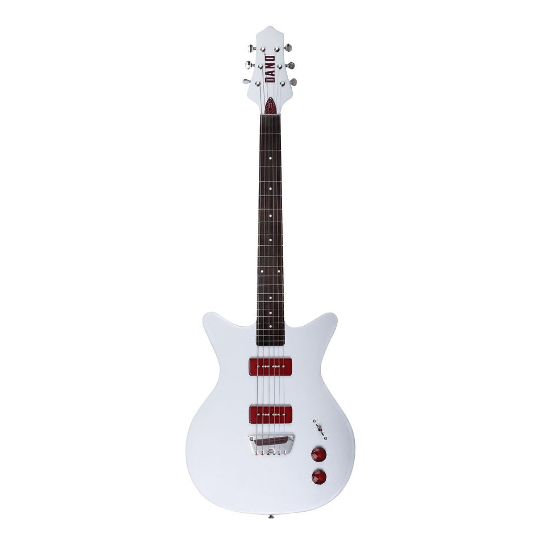 Front view of Danelectro Dan O. Mano Electric Guitar Silver on white background