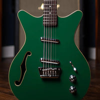 Close up front view of Danelectro Fifty Niner Baritone Semi Hollow Electric Guitar Jade in studio