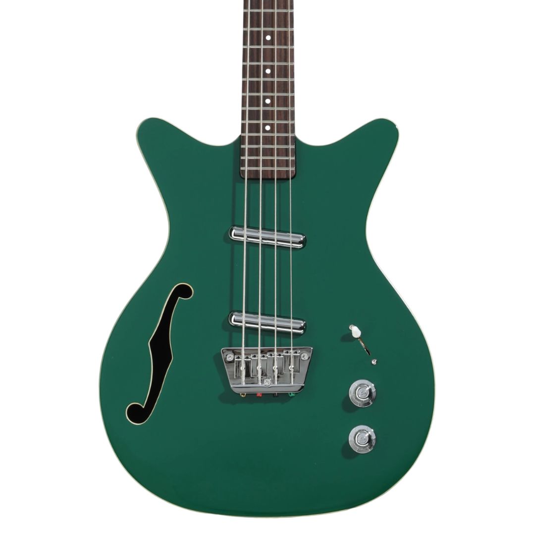 Close up front view of Danelectro Fifty Niner Long Scale Bass Guitar (Jade) on white background