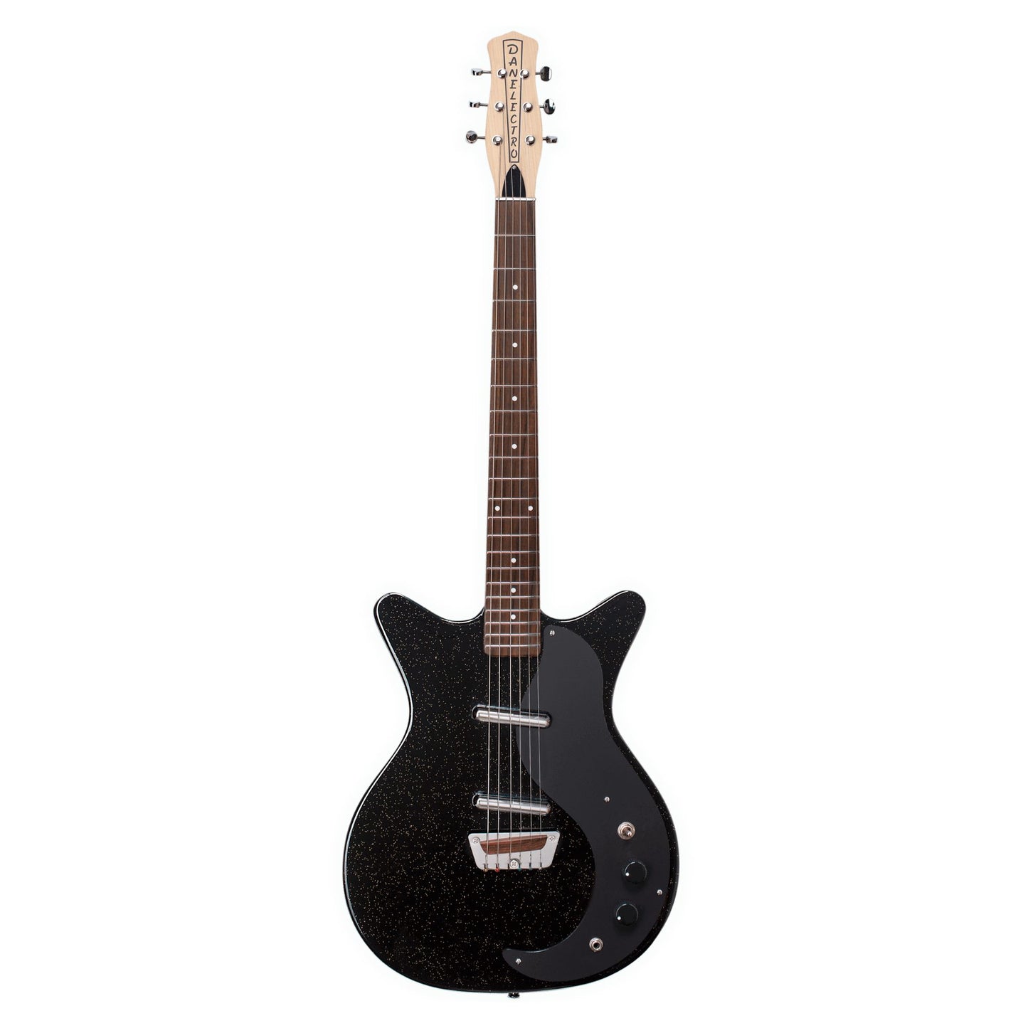 Front view of Danelectro Glitter '59 Electric Guitar Black with Silver Glitter on white background
