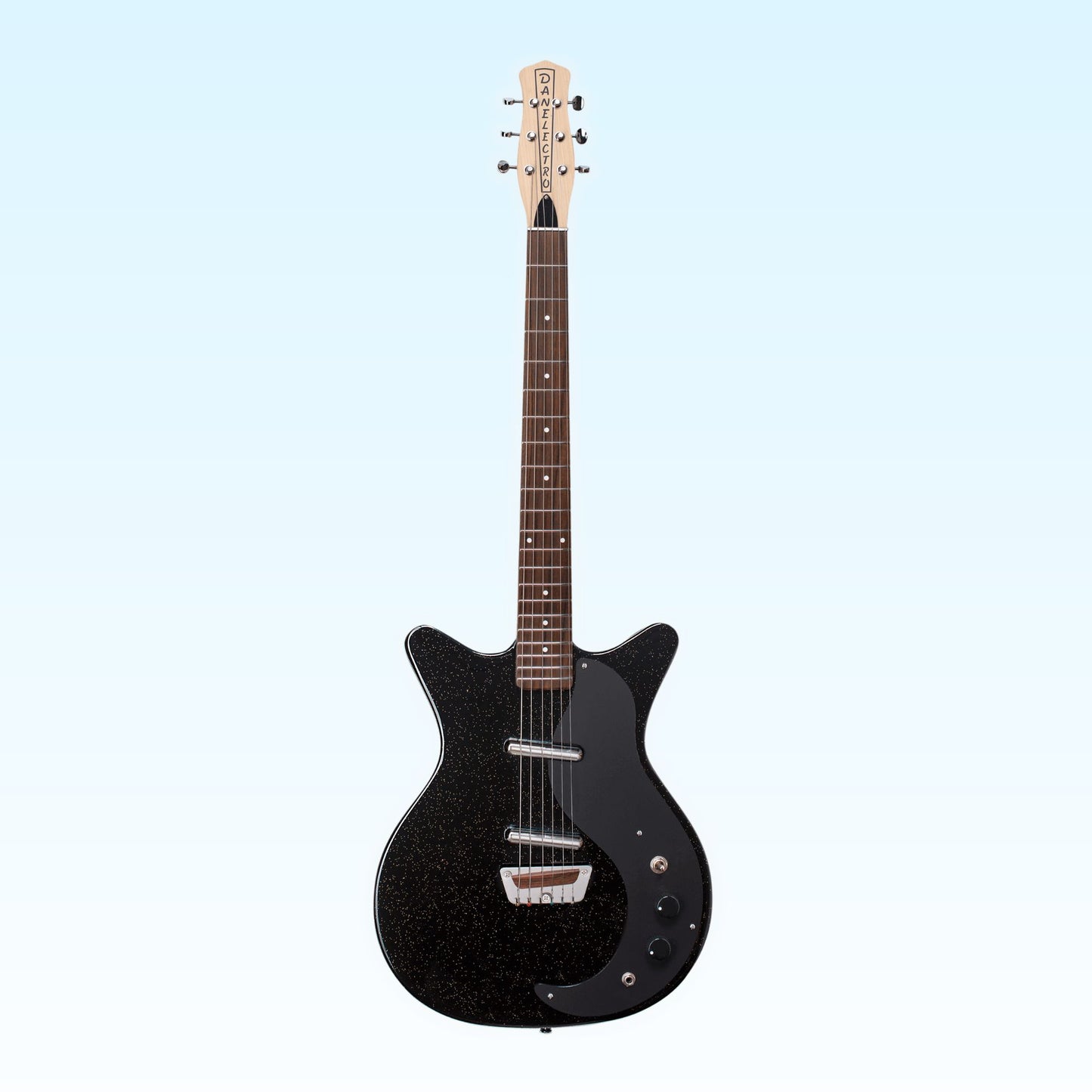 Front view of Danelectro Glitter '59 Electric Guitar Black with Silver Glitter on blue background