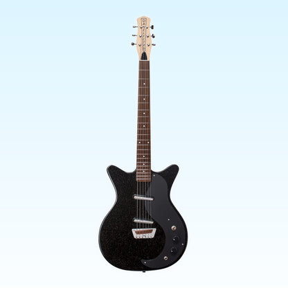 Front view of Danelectro Glitter '59 Electric Guitar Black with Silver Glitter on blue background