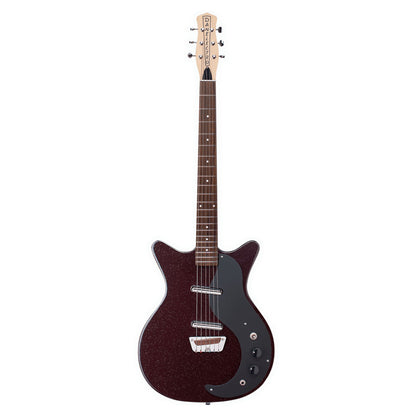 Front view of Danelectro Glitter '59 Electric Guitar Maroon with Silver Glitter on white background
