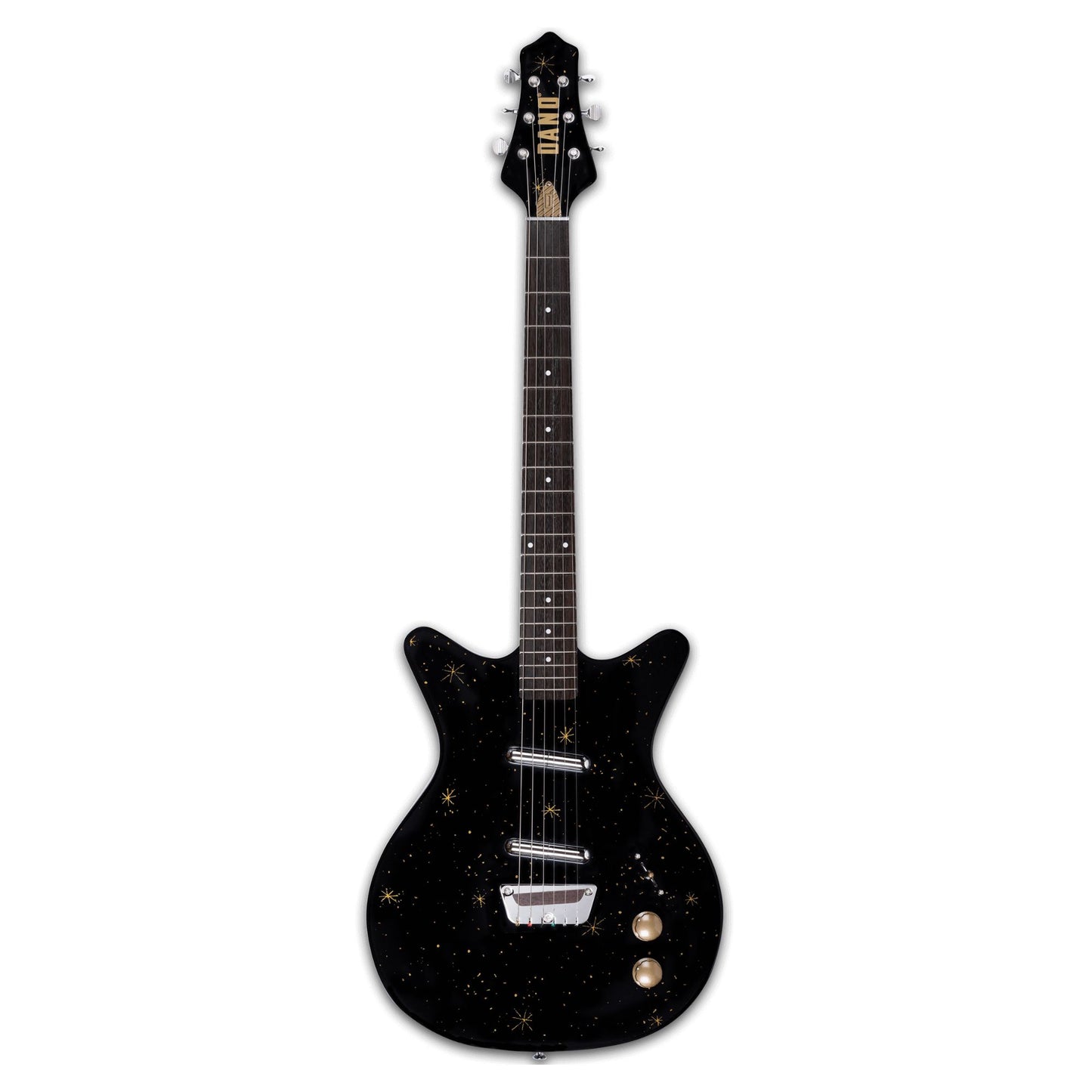 Front view of Danelectro Golden 1950's Electric Guitar Black on white background