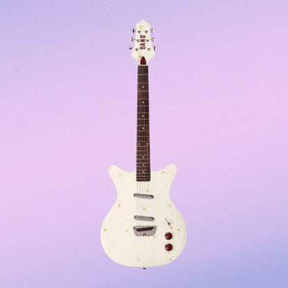 Front view of Danelectro Golden 1950's Electric Guitar Cream on purple background